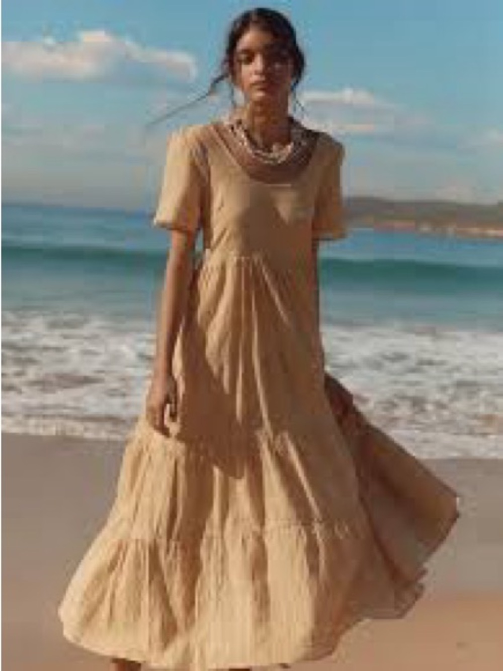 Opia Beige Tiered Maxi Dress